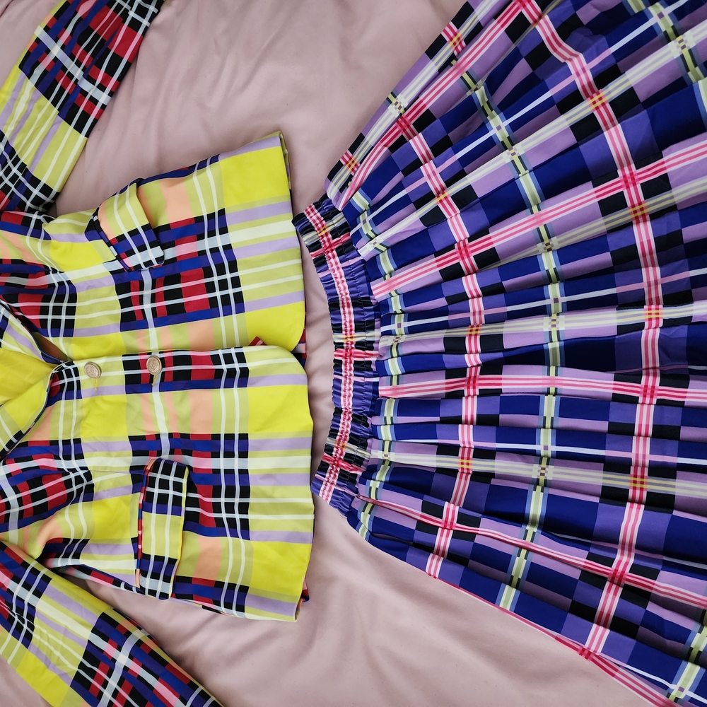 Plaid Yellow and Blue Women's Jacket and Skirt Set